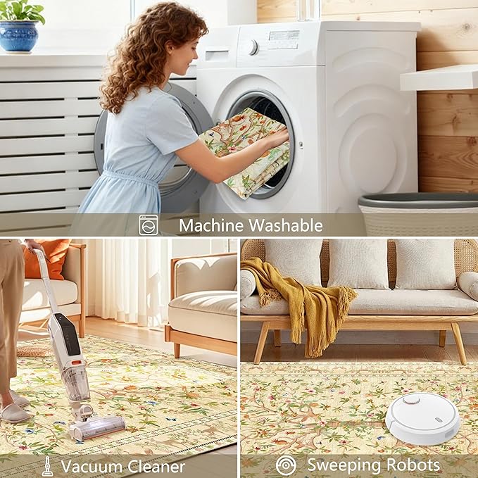 Door Mat Entryway Rug 2x3, Machine Washable Non-Slip Small Area Rug, Boho Floral Low Pile Throw Rugs for Entrance, Front Door, Entry, Kitchen, Kids Room（Beige）