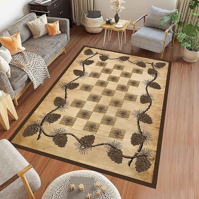 Vintage Plaid Area Rug 3x4ft Rustic Cabin Pine Cone Branches Lattice Pattern Rug Country Lodge Nature Plants Rugs, Soft Floor Rug Non-Skid Carpets for Living Room Farmhouse Indoor Floor Mat