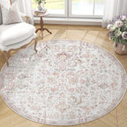 jinchan Kalen Round Rug 4ft Area Rug Washable Vintage Indoor Retro Accent Entryway Floor Cover Distressed Floral 4' Round Circle Boho Non Slip Thin Carpet for Bedroom Living Room Dining Room Red