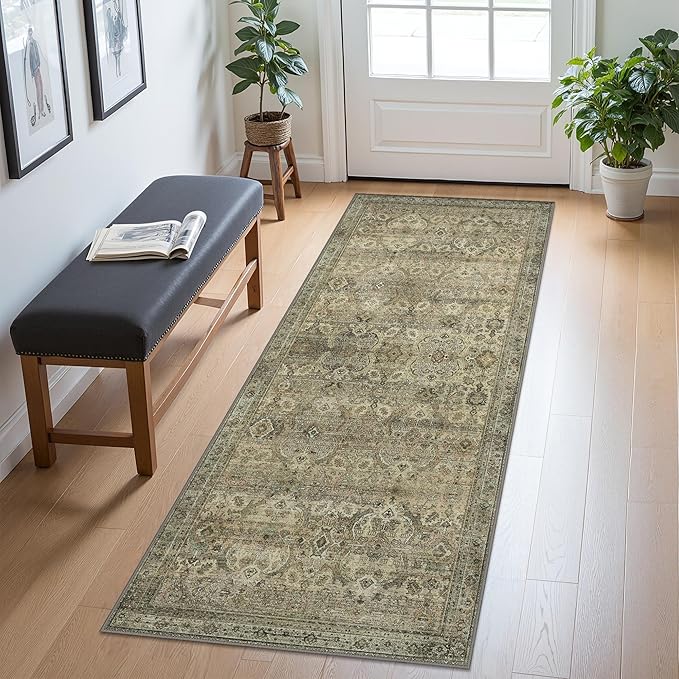 2x10 Runner Rug Machine Washable Boho Runners for Hallway,Ultra-Thin Low Pile Rug,Lightweight Indoor Carpet,Non Slip Floral Runners for Enrtyway, Corridor, Home Office, Kitchen,Sage