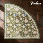 jinchan Elora Floral Corner Rug for Kitchen Washable Nursery Rug Vintage Romance Design Non Slip Quarter Circle Lightweight Low-Pile Throw Carpet for Playroom Reading Nook Office, 5ft Radius, Green