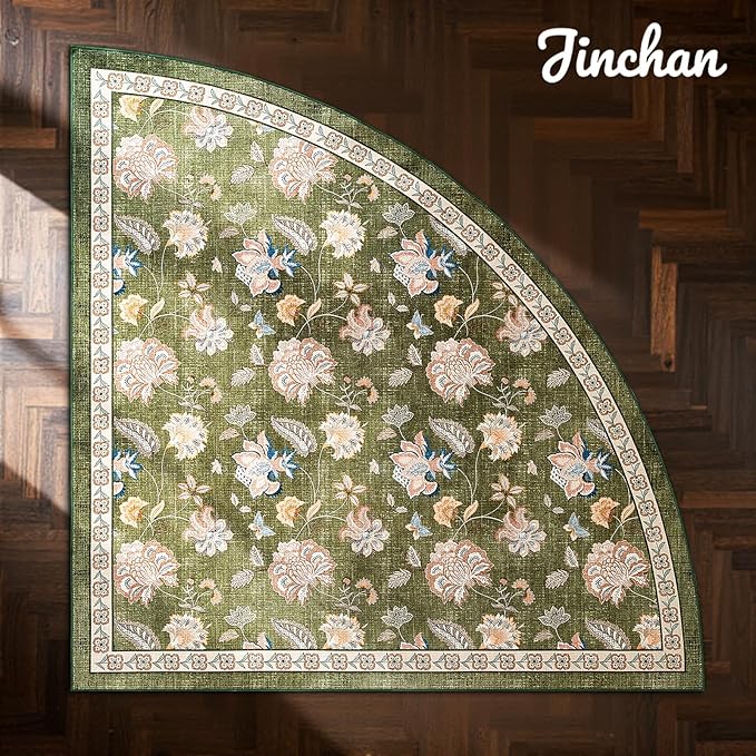 jinchan Elora Floral Corner Rug for Living Room Washable Bedroom Rug Vintage Romance Design Non Slip Quarter Circle Lightweight Low-Pile Throw Carpet for Reading Nook Playroom,7ft Radius, Green