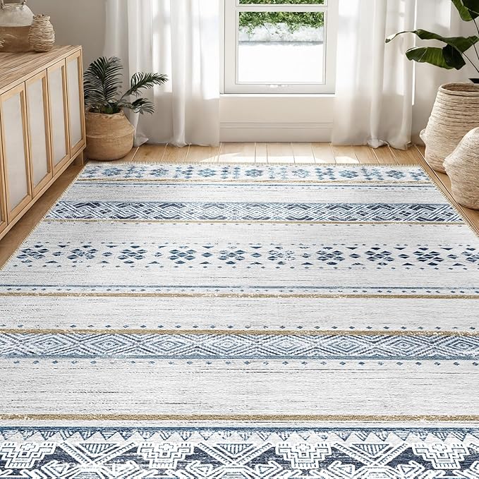 BESTSWEETIE 8x10 Area Rugs for Living Room Washable Moroccan Farmhouse Neutral Geometric Low Pile Non-Slip Soft Print Pattern Rug for Bedroom Kitchen Dining Room Entryway Blue/Brown