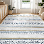 BESTSWEETIE 9x12 Area Rugs for Living Room Washable Moroccan Farmhouse Neutral Geometric Low Pile Non-Slip Soft Print Pattern Rug for Bedroom Kitchen Dining Room Entryway Blue/Brown