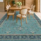 Boho Teal 7x9 Soft Rugs for Living Room, Washable Turquoise Rug for Bedroom Under Bed, Vintage Non Slip Floral Dining Room Carpet, Low Pile Soft Fade Resistant