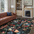 Black Area Rug 6x9 Floral Washable Living Room Kitchen Boho Carpet Non Slip Low Pile Indoor Accent Lightweight Soft Throw Rug for Bedroom Office Dining Room Nursery Farmhouse