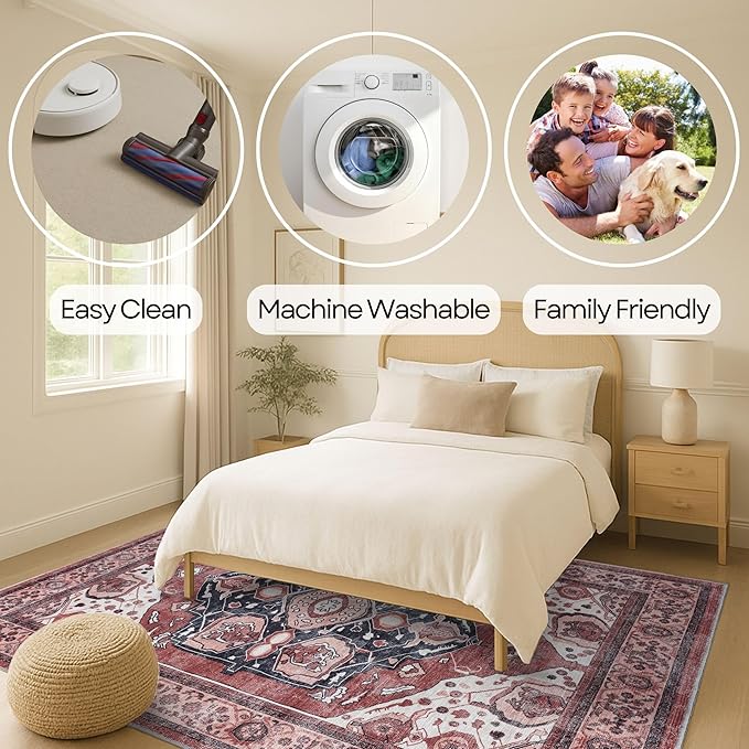 Fame Rugs Turkish Rug. Washable Vintage Oriental Antique Inspired Traditional Doormat Small Modern Area Rugs Luxury Entryway Entry Bedroom Bathroom Kitchen (404RR, 2'5 x 6'9)