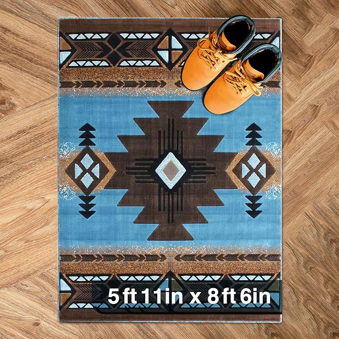 YHSF South West Native American Area Rug C318 - Easy Clean, Thick, Soft, Durable Native Tribal American Indian Inspired Rug for Bedroom/Living Room and More - Blue-Brown, 5 ft 11 in x 8 ft 6 in