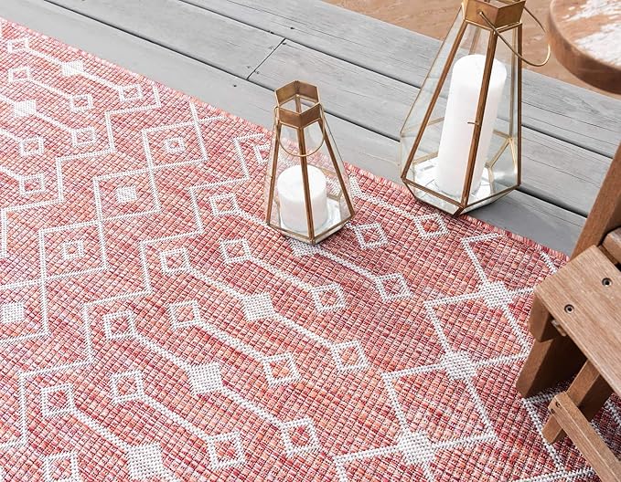 Unique Loom Outdoor Trellis Collection Area Rug - Tribal Trellis (7' 10" x 11' 4" Rectangle, Rust Red/ Ivory)