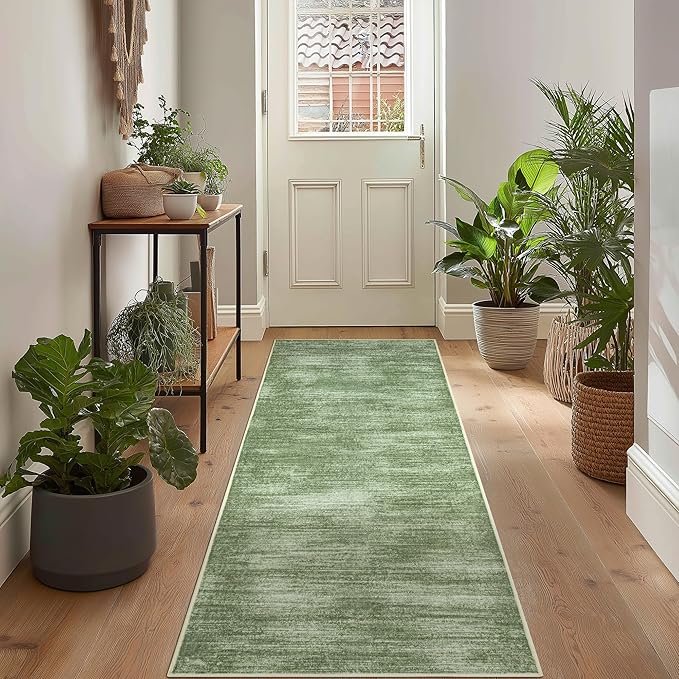 2x6 Runner Rug for Hallways Non Slip Washable Neutral Abstract Modern Olive Green Area Rug for Kitchen Laundry Room Dark Green Floor Covering Carpet 2 x 6