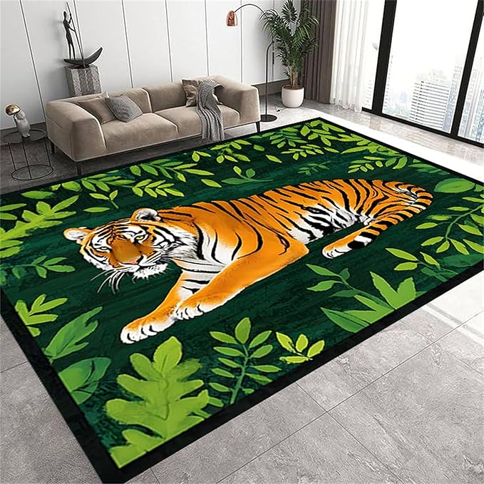 Tiger Rugs，6x8ft,Tiger and Green Leaf Print Rug for Living Room，A Colorful and Artistic Tiger Rug, Perfect for A Children's Play Area，Machine Washable Non-Slip Carpet Suitable for Bedroom and Study