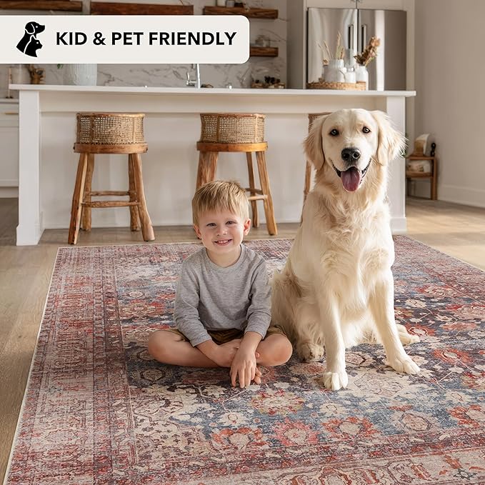 Kuden 2'6"x12 Runner Rug, Machine Washable Area Rug with Non-Slip Backing, Vintage Style, Soft, Easy Clean, Low Pile Rug for Hallway, Entryway, Kitchen, Bedroom