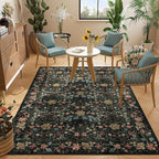 DUKINO 4x6 Rugs for Living Room, Lightweight Non Slip Washable Rug with Low Pile Design, Vintage Floral Non-Shedding Soft Carpet for Living Room, Bedroom, Farmhouse, Office, Bathroom, Black