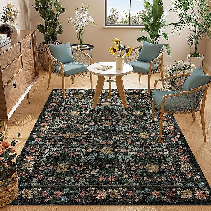 DUKINO 3x5 Area Rug, Vintage Floral Washable Rug for Bedroom with Non Slip Design, Soft Low Pile Indoor Small Carpet for Bedroom, Farmhouse, Living Room, Office, Bathroom, Black