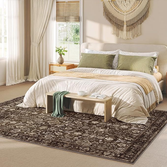 9x12 Area Rug for Living Room, Soft Large Rugs Brown Washable Rugs, Indoor Vintage Carpet for Bedroom Dining Room Office, Rubber Backed Non Slip Low Pile Mat, Dark Brown