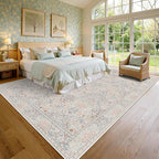 9x12 Floral Washable Area Rugs for Living Room, Vintage Boho Large Rug for Bedroom Dining Room， Distressed Botanical Birds Non Slip Low Pile Forest Animal Throw Carpet for Farmhouse Office, Beige Blue