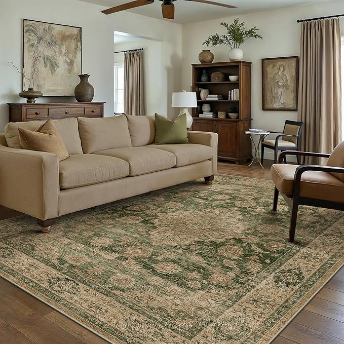 HUGEAR Retro Green Area Rug 9x12 Machine Washable Living Room Rugs Distressed Vintage Floral Low Pile Carpet Bedroom Office Dining Room Laundry Room Non Slip Soft Lightweight