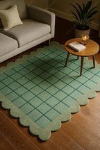 Mint Green Scalloped Edge Wool Area Rug with Checker Grid Design, Hand-Tufted Soft Carpet for Living Room, Bedroom, Nursery, Kids & Playroom Décor - 1x1 Ft (Sample)