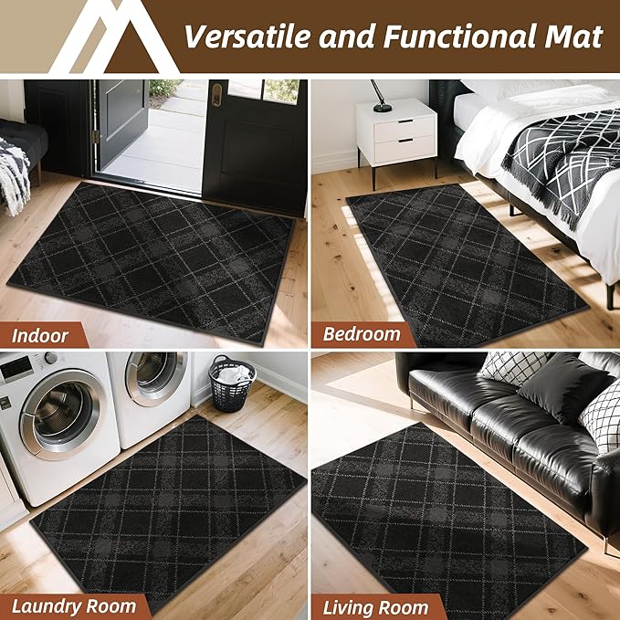 COSY HOMEER Plaid Door Mat 20" x 32",Dirt Trapper Entryway Rugs,Non-Slip Washable Farmhouse Doormat,Low Profile Welcome Mats for Paws Black