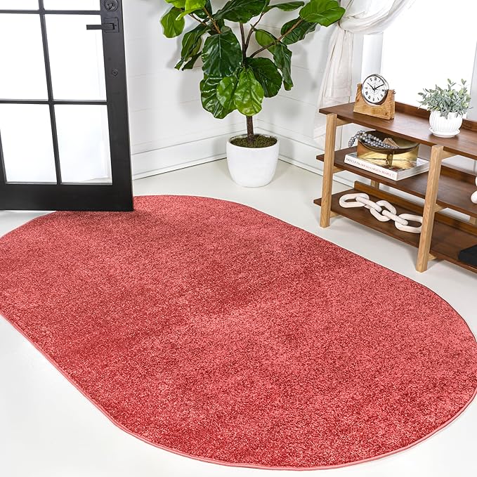 Eyely UES100E-5OV Haze Solid Low-Pile Red 5 ft. x 8 ft. Oval Area Rug, Pet Friendly, Stain Resistant, Easy Cleaning, for Bedroom, Living Room, Kitchen