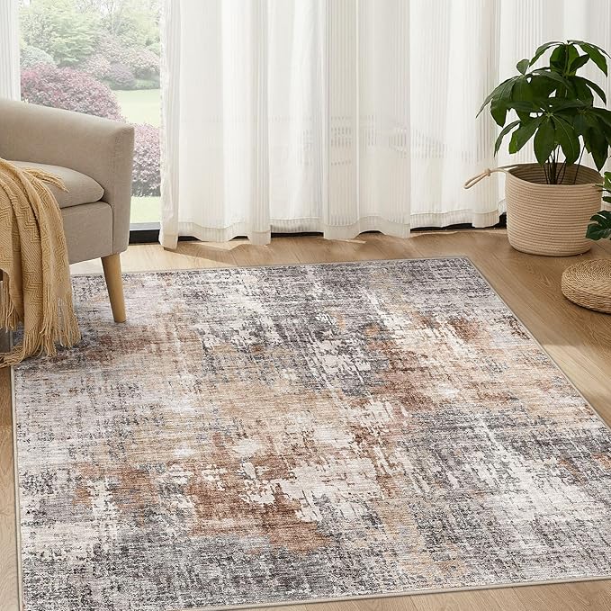 Square Area Rug Living Room Rugs - 5x5 Washable Large Soft Indoor Neutral Modern Abstract Low Pile Rug Carpet for Bedroom Dining Room Farmhouse Home Office - Grey Brown