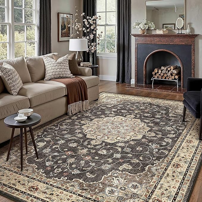 HUGEAR Machine Washable Area Rugs 8x10 Vintage Black Large Living Room Bedroom Rug Neutral Style Non Slip Stain Resistant Low Pile Throw Carpet for Home Retro Aesthetic Modern Decor