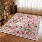Rugcomf Area Rug 4x6 Rug Washable Boho Rugs Non Slip Low Pile Floral Small Carpet for Bedroom, Bedside, Kids Room, Office, Dining Room(Pink)