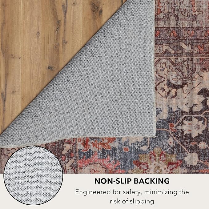 Kuden 8x10 Large Area Rug, Machine Washable Area Rug with Non-Slip Backing, Vintage Style, Soft, Easy Clean, Low Pile Rug for Living Room, Bedroom, Dining Room