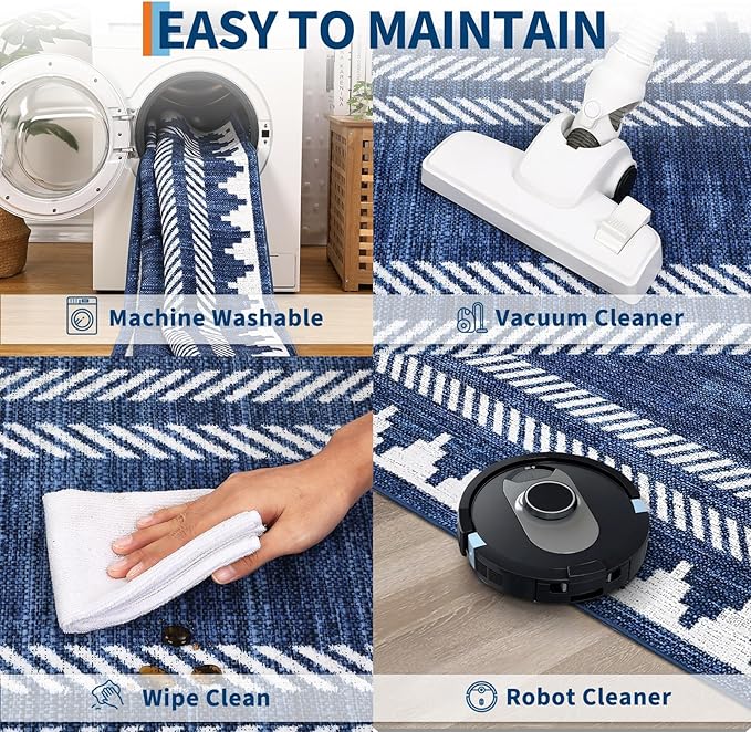 Geometric Bordered 2x6 Washable Runner Rug for Hallway Kitchen Foldable Non Slip Indoor Soft Carpet Modern Stain Resistant Non-Shedding Low Pile Rug for Dining Room Living Room with Rubber Back, Blue