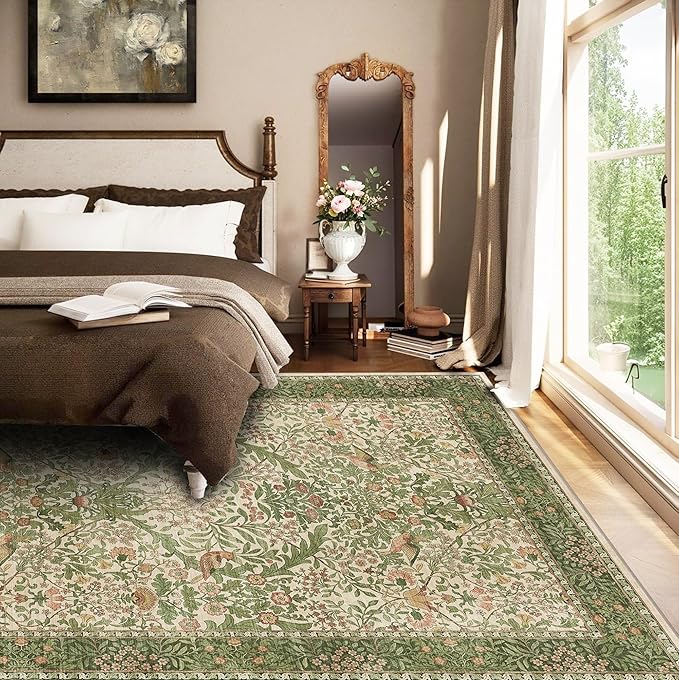 5x7 Floral Washable Area Rug for Living Room, Vintage Boho Rugs for Bedroom Dining Room, Botanical Birds Non Slip Low Pile Forest Throw Carpet for Farmhouse Office, Retro Pink/Green