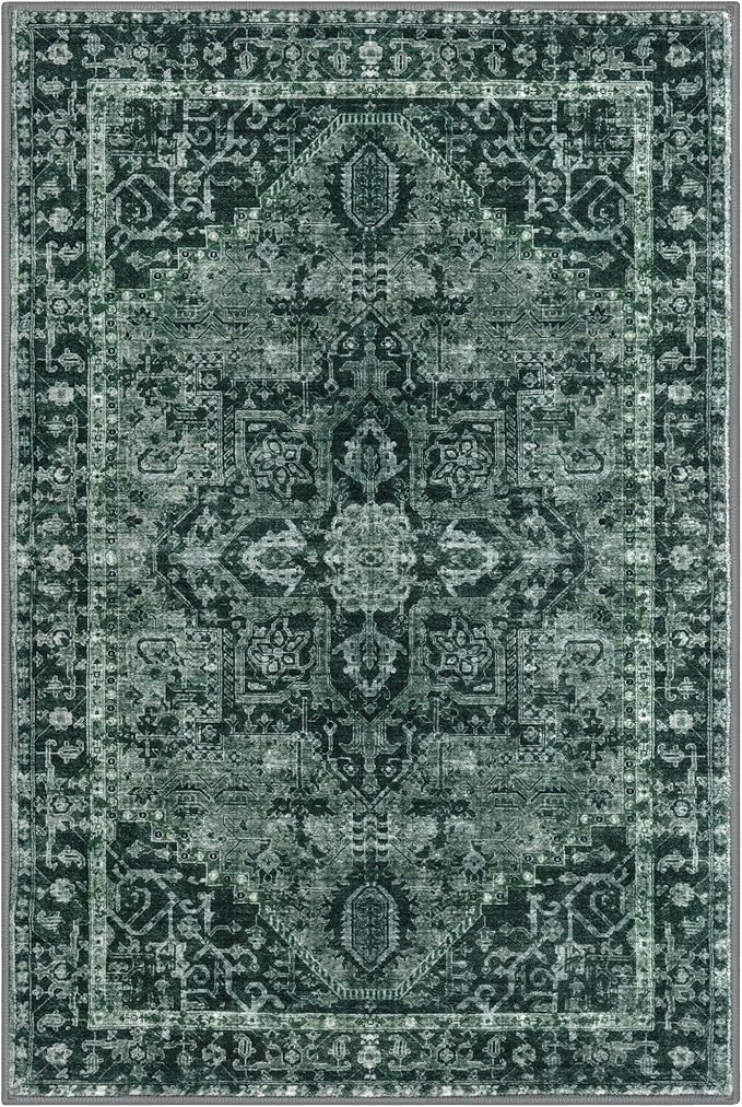 KOZYFLY Area Rug 9x12 Ft Thin Rugs for Living Room Washable Bedroom Rug Non Slip Rugs for Living Room Printed Faux Wool Vintage Bedroom Rug Floor Carpet for Dining Room, Dark Green