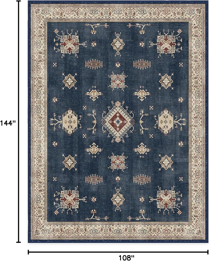 RUGGABLE Washable Vintage Area Rug – Verena Sapphire 9x12, Stain-Resistant, Non-Slip – Large Machine Washable Rugs for Living Room, Bedroom, Hallway, Entryway & Office–with Standard Pad
