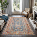GLN Rugs Traditional Collection - Machine Washable Area Rug, Traditional Washable, Non Slip, Low Pile Chenille Rug, Living Room, Bedroom, Kitchen Rug (9' x 12' Terra/Slate Blue)