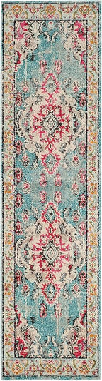 SAFAVIEH Monaco Collection Runner Rug - 2'2" x 18', Light Blue & Fuchsia, Medallion Distressed Design, Non-Shedding & Easy Care, Ideal for High Traffic Areas in Living Room, Bedroom (MNC243J)
