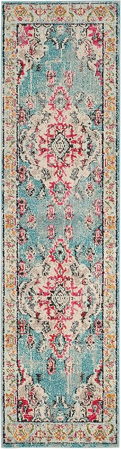 SAFAVIEH Monaco Collection Runner Rug - 2'2" x 22', Light Blue & Fuchsia, Medallion Distressed Design, Non-Shedding & Easy Care, Ideal for High Traffic Areas in Living Room, Bedroom (MNC243J)