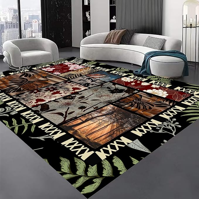Vintage Jungle Floral Area Rug 7x10ft, Tropical Leaf Print Low Pile Carpet, Washable Non-Slip & Soft Mat for Bedroom, Living Room, Dining Room, Playroom