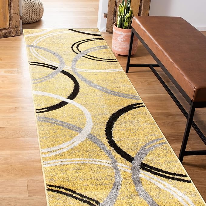 Rugshop Wavy Circles Design Runner Rug, Fade-Resistant Carpet for Hallway, Entryway, or Kitchen, Yellow, 2' x 7'2"