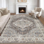 9x12 Area Rug Living Room: Washable Boho Large Neutral Vintage Soft Rugs Stain Resistant Farmhouse Non-Slip Indoor Floor Carpet for Bedroom Nursery Kids Office Dining Room Playroom- Grey Brown