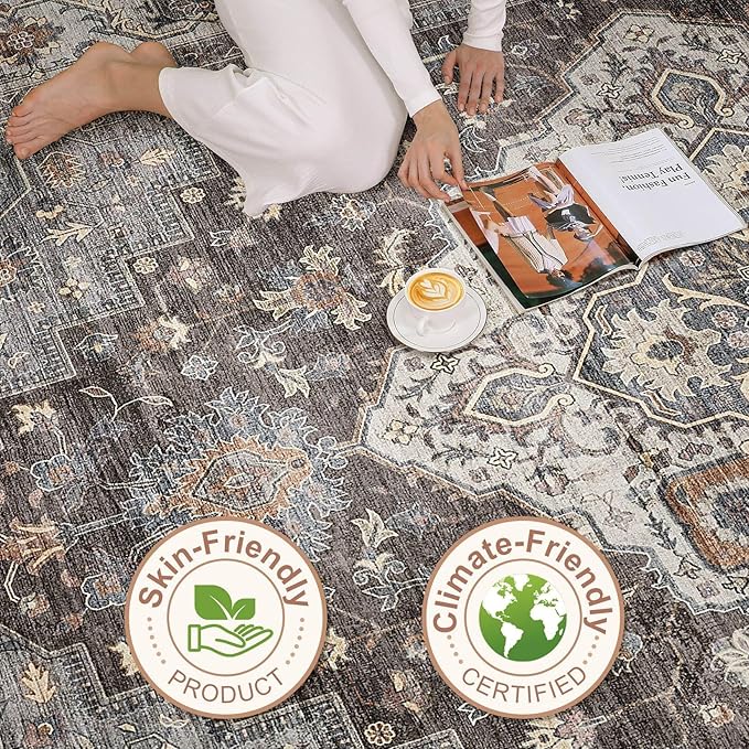 8x10 Area Rugs Living Room: Washable Boho Large Neutral Vintage Soft Rug Stain Resistant Farmhouse Non-Slip Indoor Floor Carpet for Bedroom Nursery Kids Office Dining Room Playroom- Grey Brown