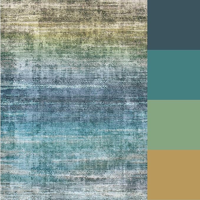 Kokia Abstract Area Rugs 8x10 Bedroom Soft Living Room Rugs Washable Distressed Vintage Comfy Blue Carpet with Non-Slip Backing for Farmhouse Home Office Room Decor, Oslo Teal
