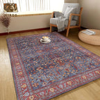Washable Area Rug 9' x 12' Vintage Traditional Persian Mat - Foldable Distressed Non-Slip Machine Washable Carpet for Living Room Bedroom Kitchen Home Decor - Indigo and Crimson