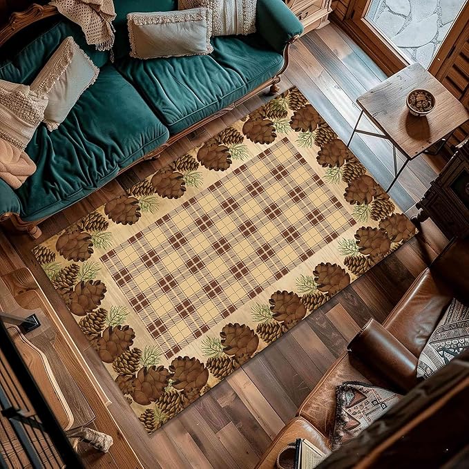 Cabin Pine Cones Area Rug 5x7ft for Living Room, Brown Buffalo Plaid Indoor Anti-Slip Large Area Rug Rustic Style Rugs for Bedroom, Lodge Living Rugs With Pine Cones, Throw Area Rug for Farmhouse