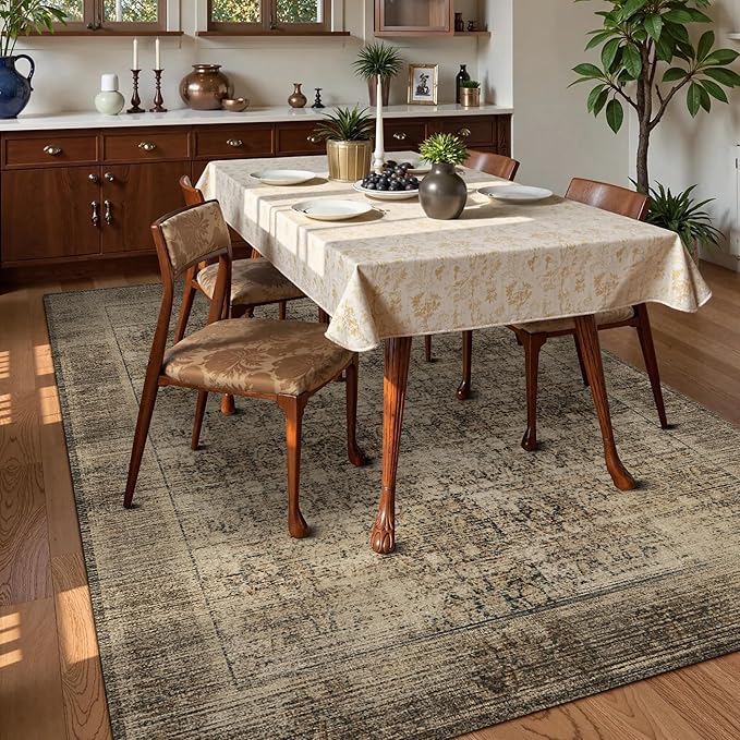 Washable Area Rug 9' x 12' Vintage Traditional Persian Mat - Foldable Distressed Non-Slip Machine Washable Carpet for Living Room Bedroom Kitchen Home Decor - Mocha and Taupe