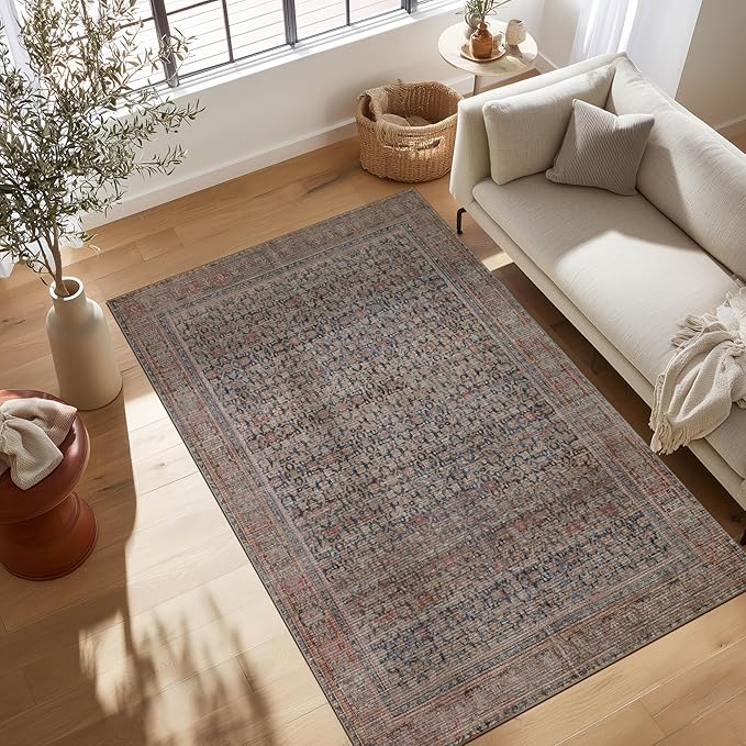 Kuden 5x7 Area Rug, Machine Washable Area Rug with Non-Slip Backing, Vintage Style, Soft, Easy Clean, Low Pile Rug for Living Room, Bedroom, Dining Room