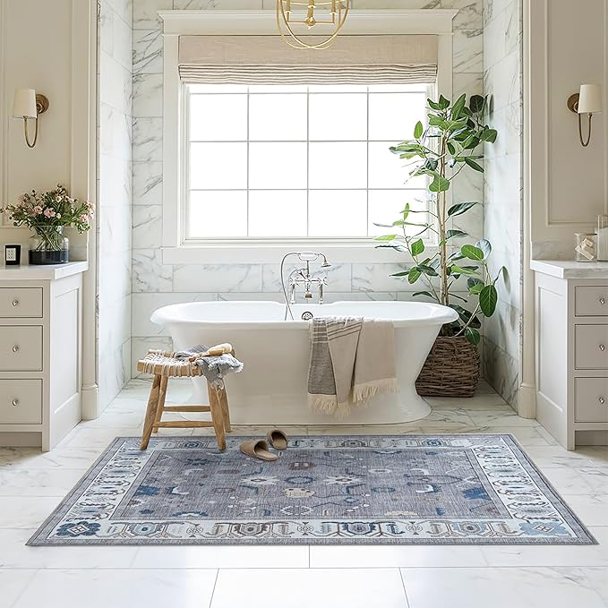 Fame Living Grey Oushak Rug, Modern, Vintage, Turkish, Eclectic, Floral, Pastel, Washable, Area Rugs for Living Room, Dining, Bedroom, Nursery, Girls, Boys, 5'9"x8'9"