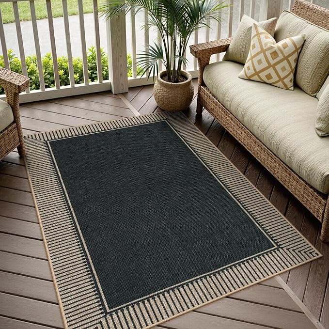 Moynesa Striped Border Easy Jute Outdoor Patio Rug 3x5, Washable Entryway Rug Non Slip with Rubber Backing, Farmhouse Modern Carpet for Backyard Bedroom Living Room Kitchen, Black