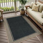 Moynesa Striped Border Easy Jute Outdoor Rug 5x7 Area Rugs for Living Room, Washable Indoor Outdoor Patio Rug Non Slip Low Pile, Black Farmhouse Carpet for Backyard Bedroom Dining Room