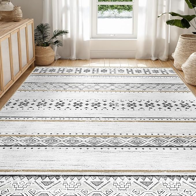 BESTSWEETIE 6x9 Area Rugs for Living Room Washable Moroccan Farmhouse Neutral Geometric Low Pile Non-Slip Soft Print Pattern Rug for Bedroom Kitchen Dining Room Entryway Black/Brown