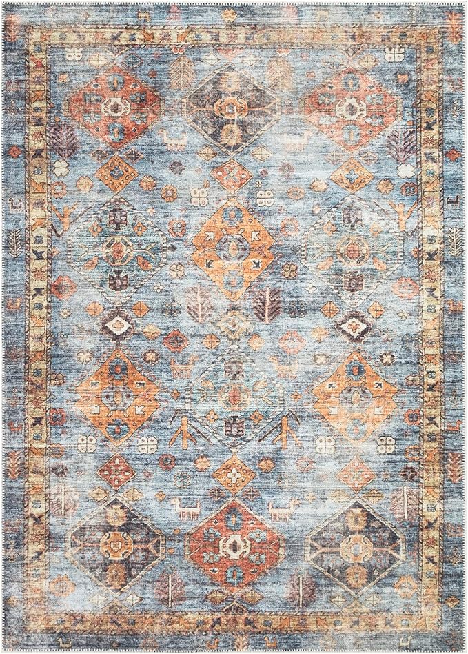 Bloom Rugs Washable Non-Slip 8' x 10' Rug - Blue/Orange Traditional Bordered Area Rug for Living Room, Bedroom, Dining Room, and Kitchen - Exact Size: 8' x 10'