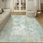 6x9 Washable Area Rug Teal Beige Abstract Living Room Bedroom Carpet Neutral Modern Non-Slip Soft Low Pile Lightweight Vacuumable Throw Rug for Dining Room Kitchen